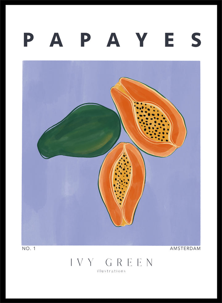 Illustration of papayas and a leaf on a blue background with 'Papayes' text at the top. Papayes by Ivy Green fruit art print featuring papaya illustration, modern food poster design, and colorful contemporary kitchen wall art.