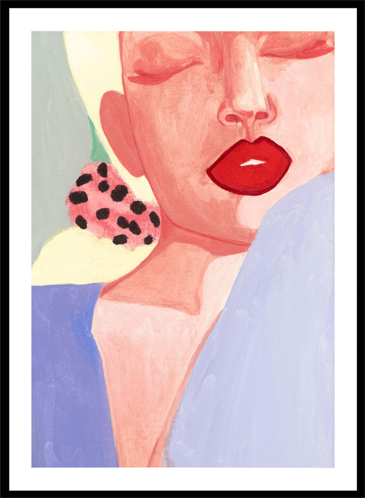 Shop Red Lips by Sophia Novosel, a modern woman portrait wall art print poster featuring bold red lips, closed eyes, soft pink tones, and a spotted earring.