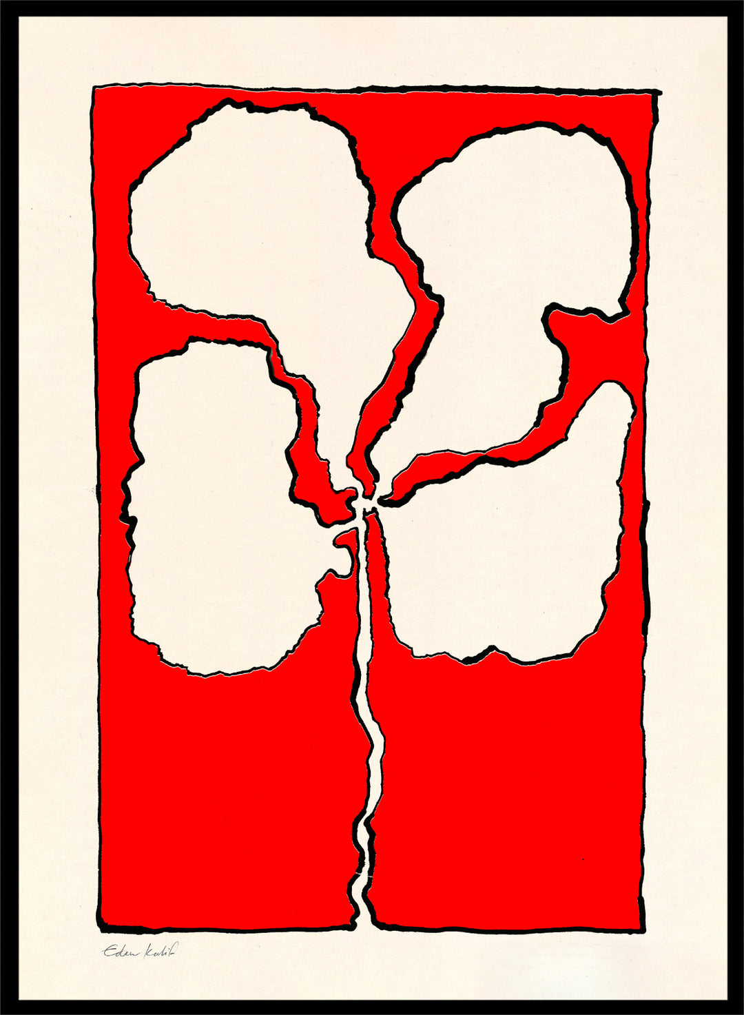 Abstract floral artwork with white shapes on a red background. Red Flower by Eden Kalif is a modern floral art print featuring bold red background and abstract flower form in a contemporary graphic wall poster design.