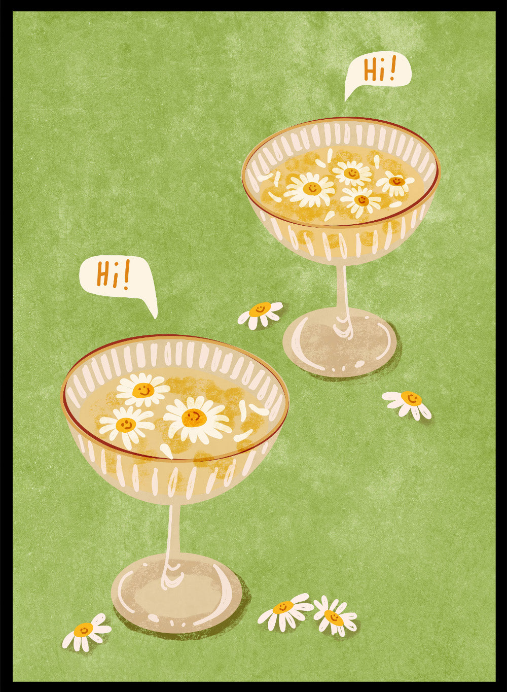 Illustration of two cocktail glasses with daisies on a green background. Hi by Raissa Oltmanns is a modern cocktail art print featuring smiling daisy drinks in playful contemporary wall poster style.
