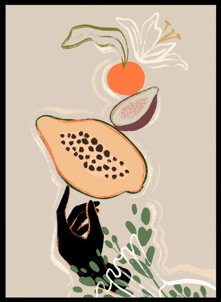 Illustration of a sloth holding a papaya with a beige background. Balancing Fruits by Arty Guava is a modern fruit still life art print with papaya and fig. Officially licensed wall poster for kitchen decor.