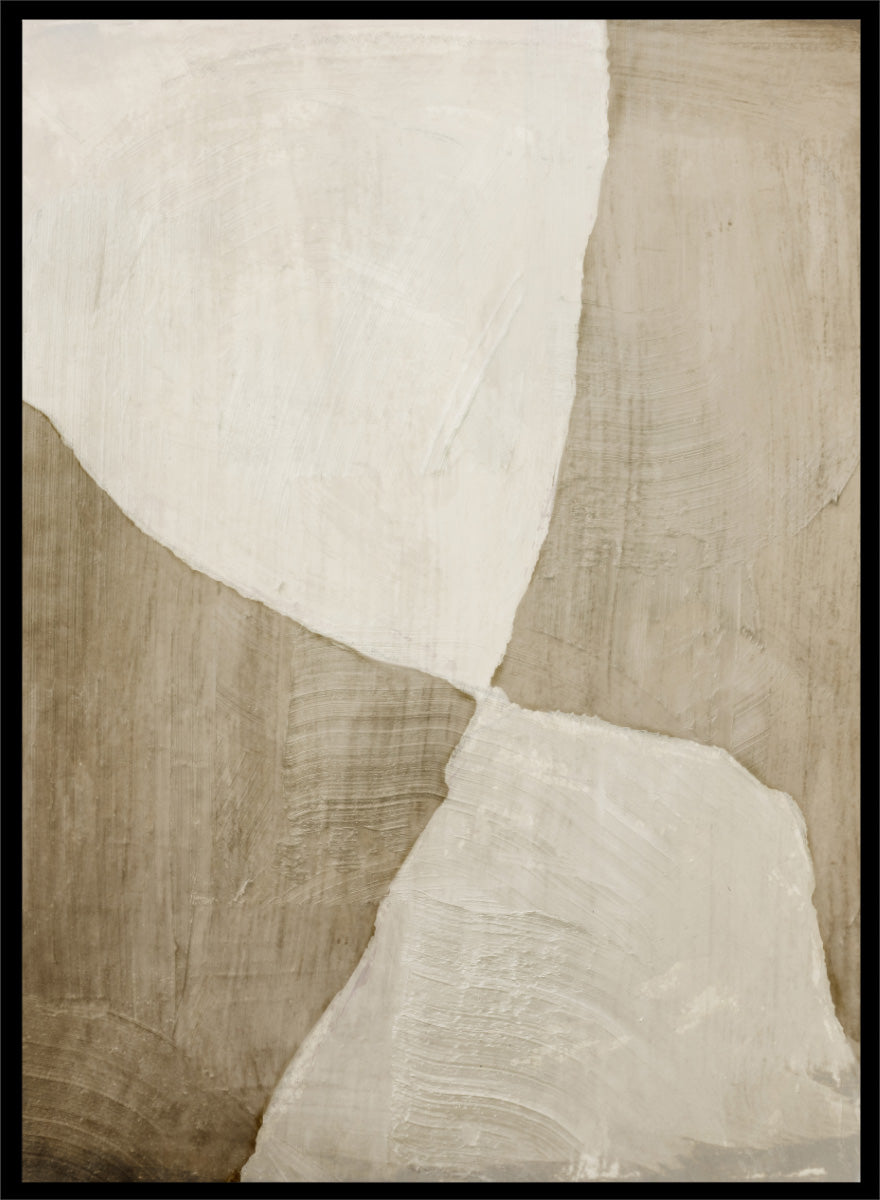 Shop Glide Abstract by Dan Hobday, a neutral abstract art print featuring soft cream and taupe forms, organic curves, and layered textured brushwork.
