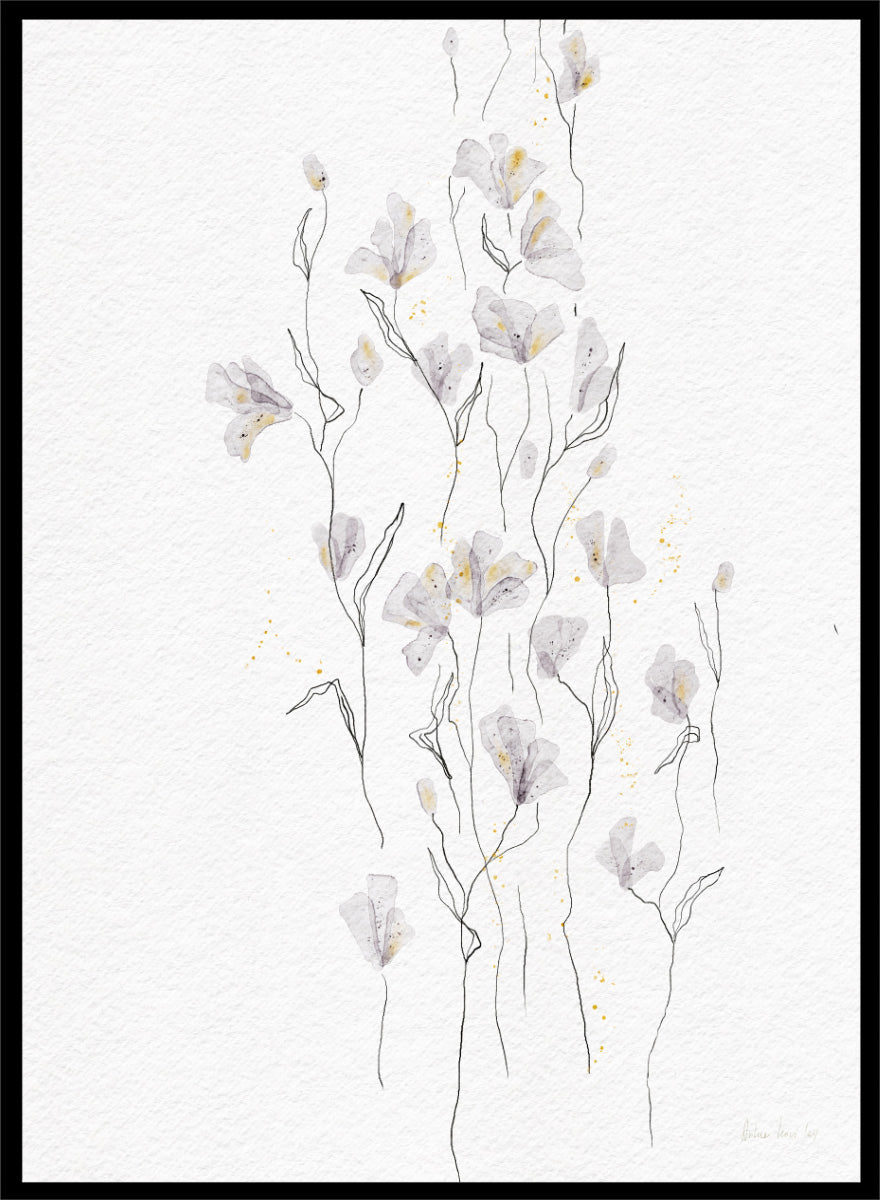 A framed watercolor painting of delicate white and light gray flowers with thin stems on a textured white background. Shop Delicate Gold Flowers by Ankie Kooi, a floral wall art print poster with airy botanical stems, soft gray flowers, yellow accents, and line art.