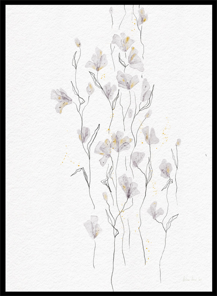 A framed watercolor painting of delicate white and light gray flowers with thin stems on a textured white background. Shop Delicate Gold Flowers by Ankie Kooi, a floral wall art print poster with airy botanical stems, soft gray flowers, yellow accents, and line art.