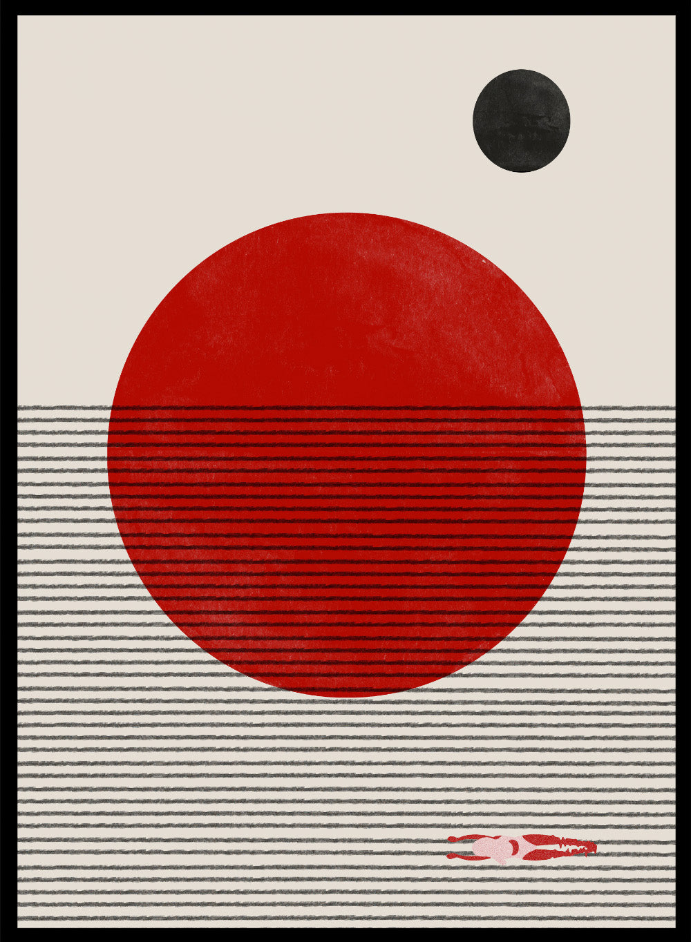 Minimalist abstract wall art print by The MIUUS Studio featuring bold red sun, line texture, and modern geometric design in calm neutral tones.