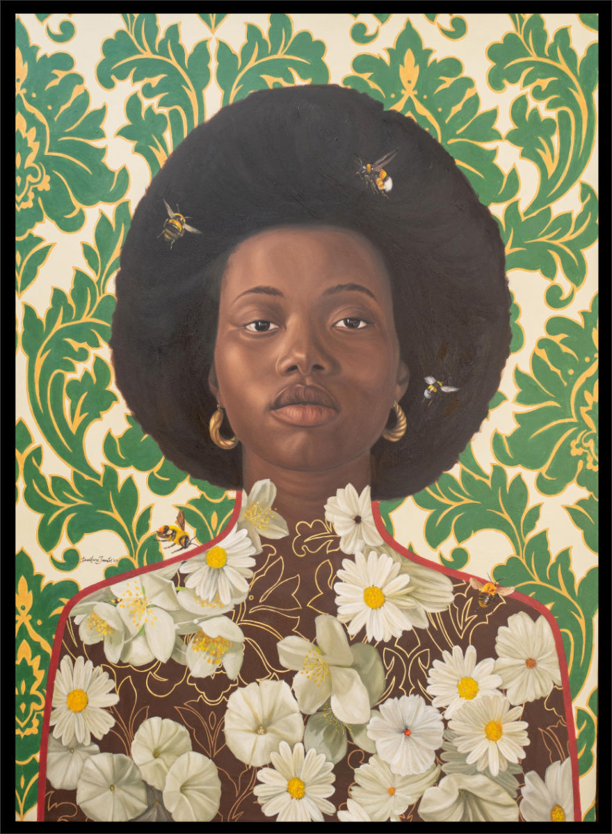 A stylized portrait artwork of a Black woman with an afro hairstyle, wearing gold hoop earrings and a brown top covered in white daisy flowers, set against a green and cream damask patterned background with small bees visible. Shop Afro Floral Portrait by Damilare Jamiu, a contemporary portrait wall art print featuring a woman with afro hair, floral details, bees, and rich green tones.