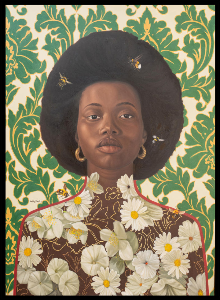 A stylized portrait artwork of a Black woman with an afro hairstyle, wearing gold hoop earrings and a brown top covered in white daisy flowers, set against a green and cream damask patterned background with small bees visible. Shop Afro Floral Portrait by Damilare Jamiu, a contemporary portrait wall art print featuring a woman with afro hair, floral details, bees, and rich green tones.