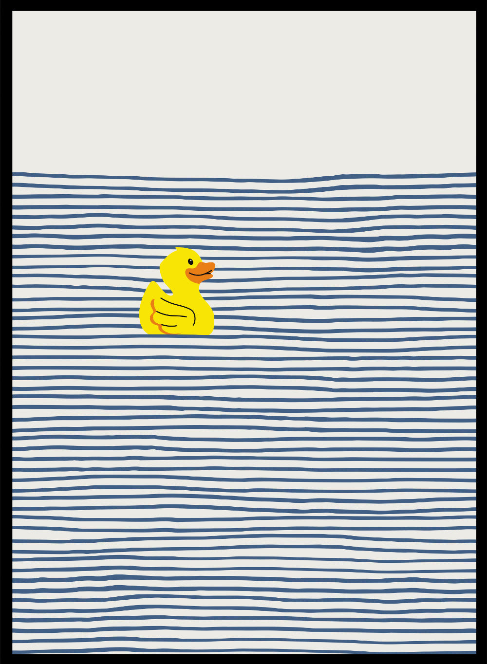 Yellow Duck Afloat art print by Little Dean. Playful duck illustration with blue ocean stripes, modern minimalist wall art, contemporary poster design.