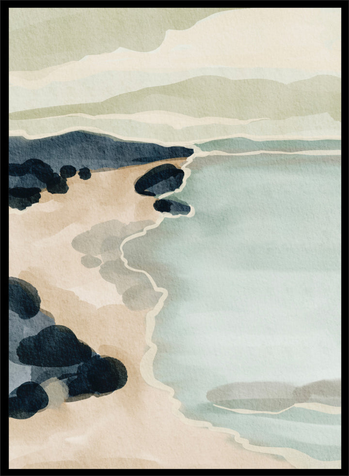 Shop Coastal Serenity by Nikita Jariwala, a modern coastal wall art print featuring a soft shoreline, abstract seascape, rocky beach, and pale blue, sage, and cream tones.