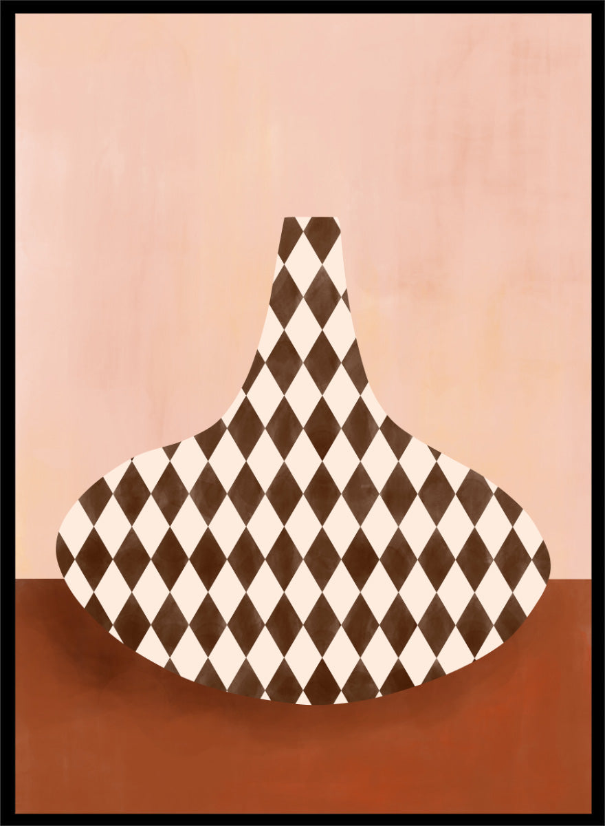 Shop Abstract Harlequin Vase by Elena Ristova, a modern wall art print poster featuring a brown-and-cream diamond vase against a soft pink background.
