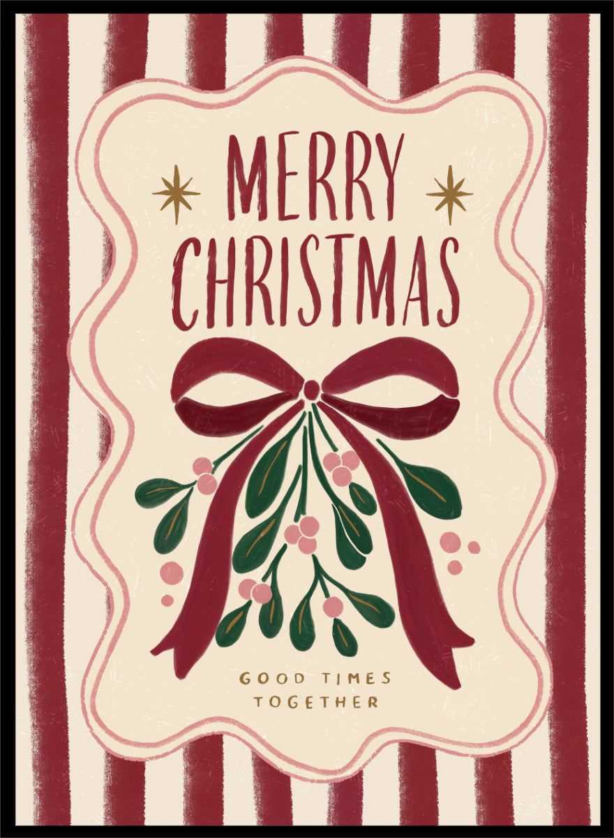 Shop Merry Christmas Mistletoe by Katarzyna Gąsiorowska, a Christmas wall art print poster featuring mistletoe, a red bow, festive stripes, and vintage holiday typography.