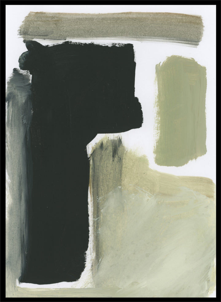 Shop Total by Dan Hobday, a contemporary abstract art print featuring charcoal black, olive green, sage, and beige with bold textured forms.