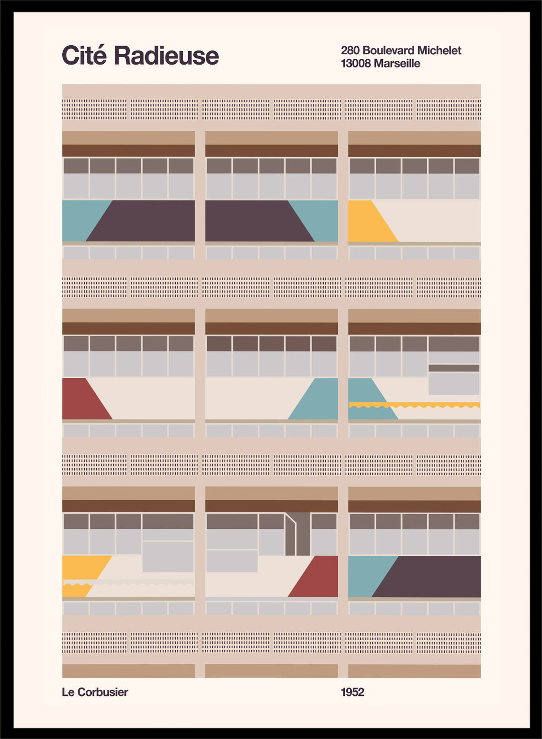 Illustration of a Bauhaus modernist building with geometric design, featuring text and Le Corbusier's name.Colorful Geometric Facade by Florent Bodart is a modern architectural art print with geometric building shapes and color blocks, a minimalist wall poster.