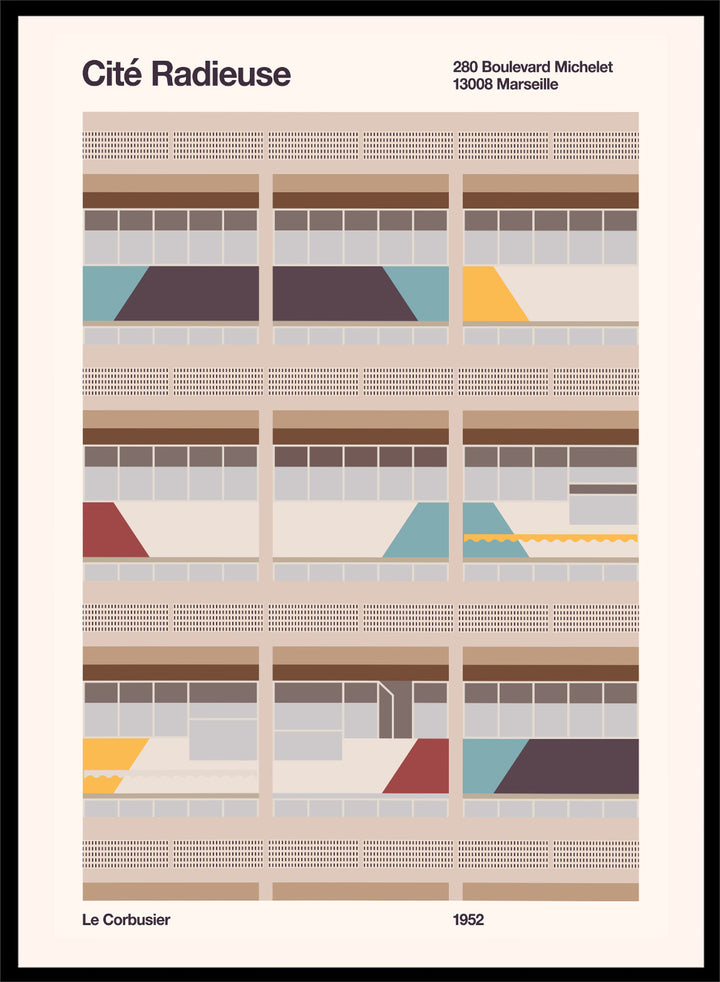 Illustration of a Bauhaus modernist building with geometric design, featuring text and Le Corbusier's name.Colorful Geometric Facade by Florent Bodart is a modern architectural art print with geometric building shapes and color blocks, a minimalist wall poster.
