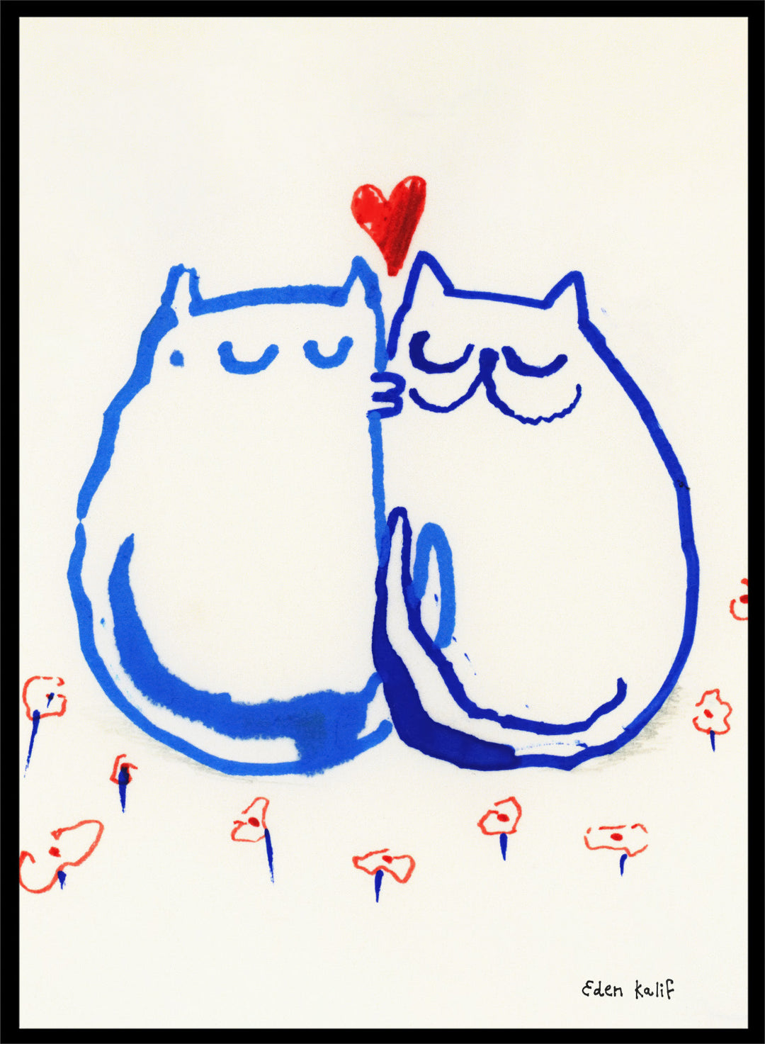 Two blue cats holding a red heart with small colorful flowers around on a white background. Lovin’ Cats by Eden Kalif is a modern cat art print with two figures and a red heart, a contemporary minimalist wall poster with playful form and expressive line work.