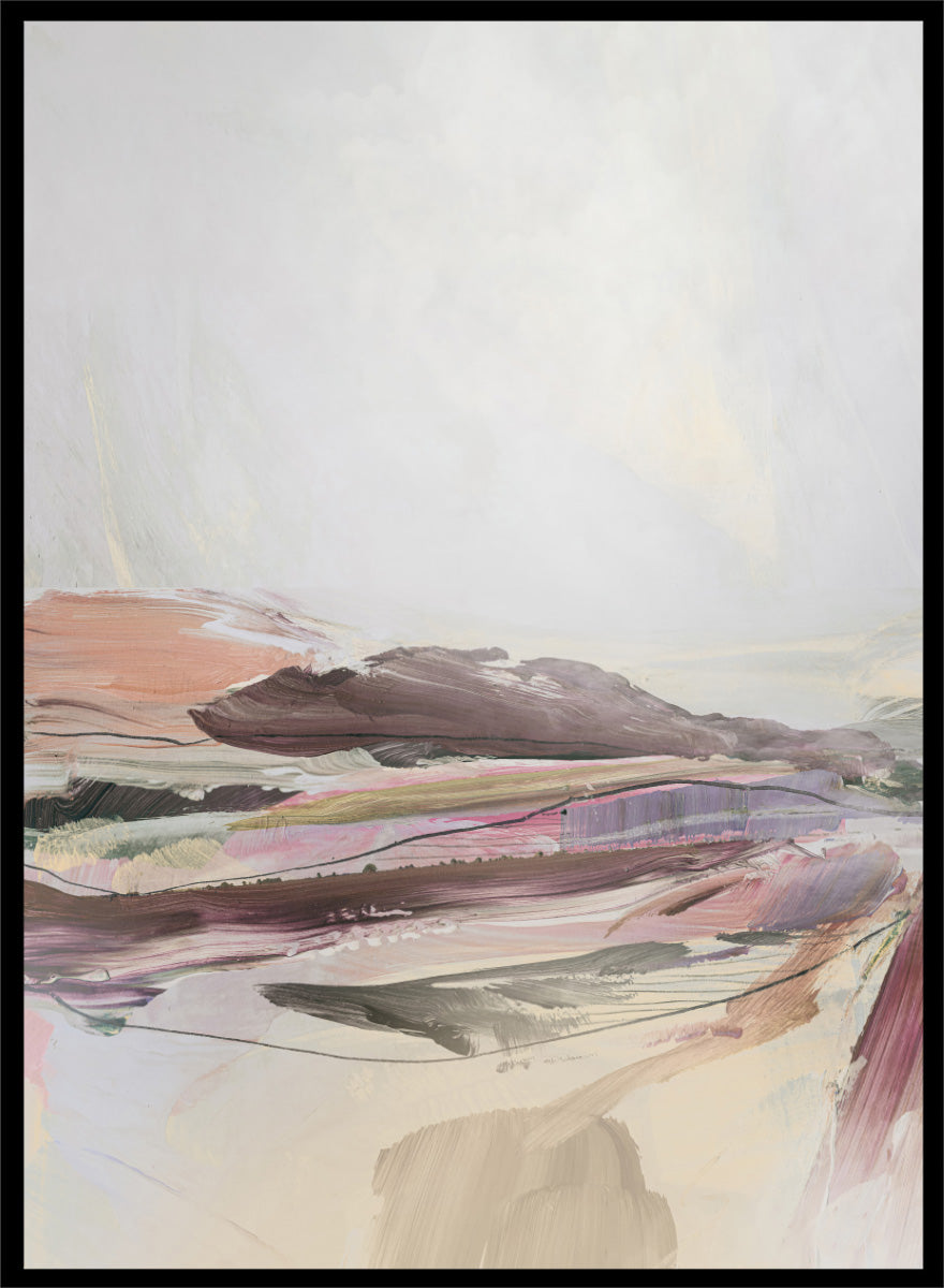 Shop Beauty by Dan Hobday, a set of 2 abstract landscape wall art prints posters featuring layered brushwork, open horizons, and soft brown and purple tones.