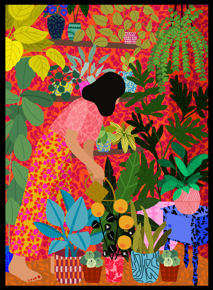 Colorful illustration of a person tending to plants with a vibrant background. Watering My Plants by Rafaela Mascaro fine art print featuring bold botanical interior, modern woman illustration, and colorful contemporary wall art poster.