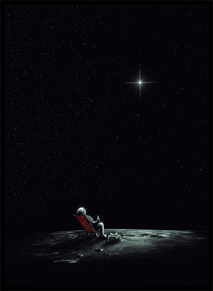 Person sitting on a chair under a starry sky. Astronaut Star Gazer by Nicebleed is a surreal space art print featuring a lone astronaut under a star-filled sky, modern aesthetic wall poster.