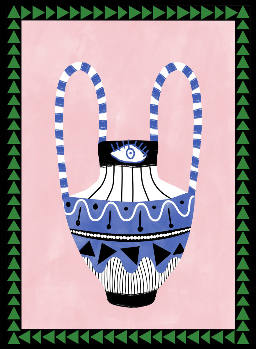 Shop Folk Art Eye Vase by Elena Ristova, a colorful folk-inspired wall art print poster featuring an eye motif, patterned vase, pink background, and green border.