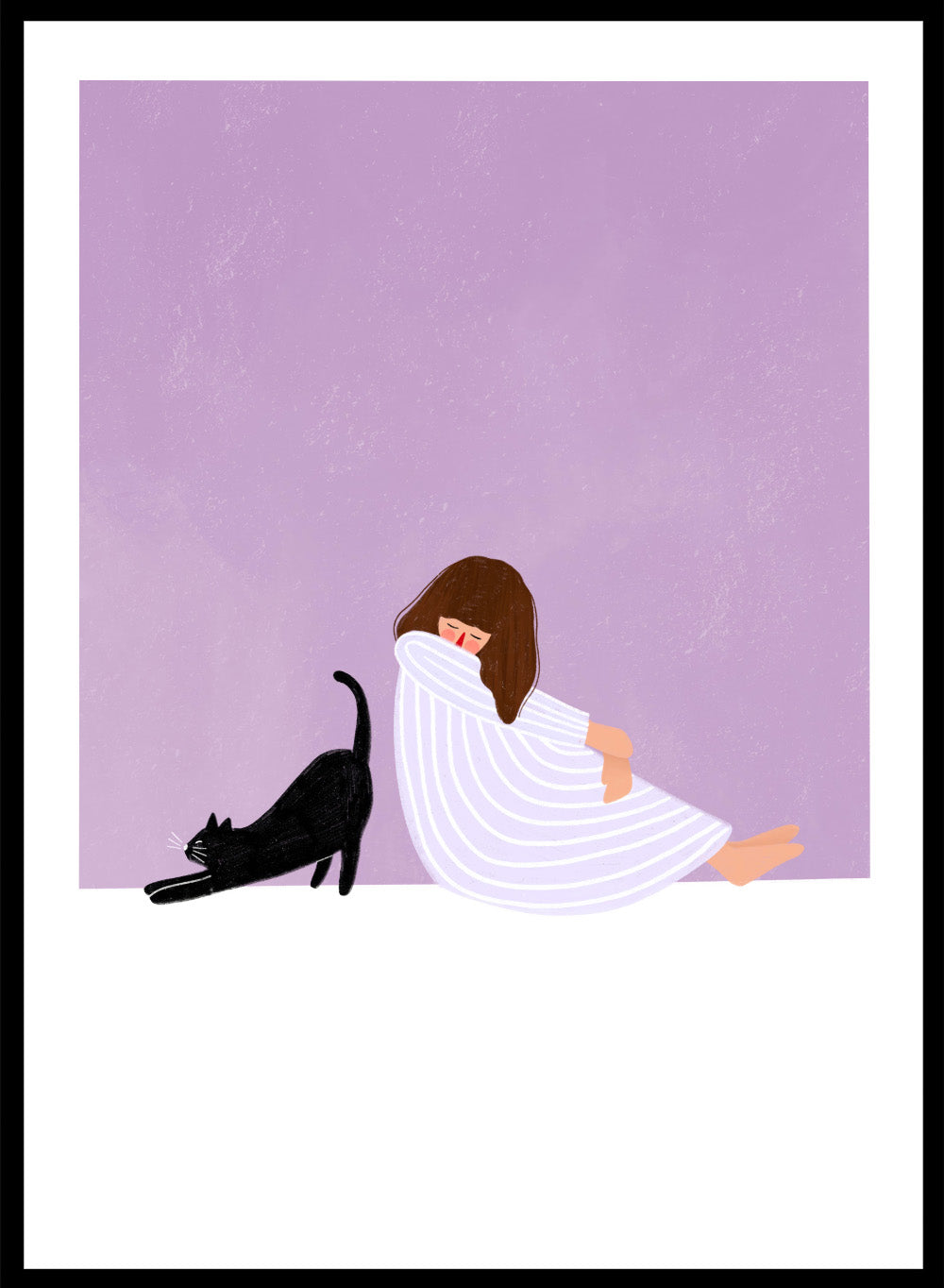 Girl and Cat by Bea Müller is an officially licensed art print featuring a quiet moment between a girl and her cat. Soft colors, modern illustration, available framed or unframed.