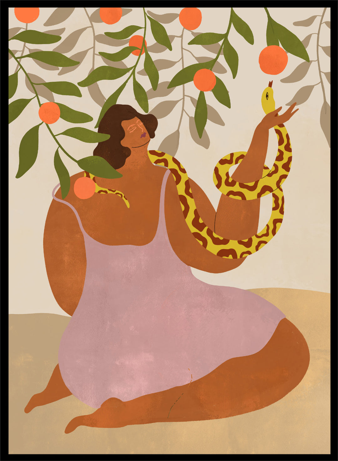 Illustration of a woman holding a snake with oranges and leaves in the background. Eden’s Embrace by Arty Guava art print featuring woman with snake under orange tree branches, tropical nature illustration, and vibrant contemporary wall art poster.