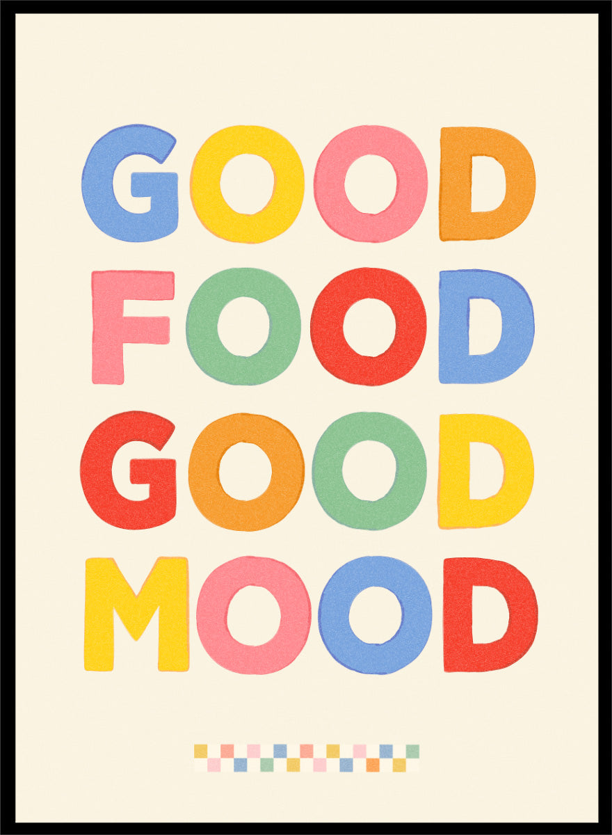 Shop Good Food Good Mood by Dominique Vari, a colorful kitchen wall art print poster featuring playful retro typography and a cheerful food-inspired message.