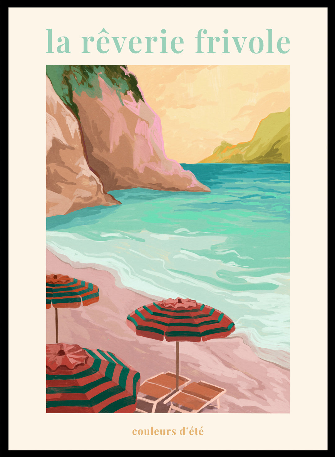 Beach scene with striped umbrellas and cliffs, featuring the text 'la reverie frivole'. La Rêverie Frivole Beach by Goed Blauw is a coastal art print and wall poster featuring striped umbrellas, turquoise water, and a warm seaside landscape.