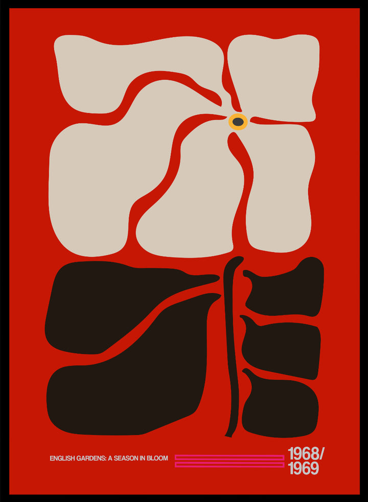 Abstract design with geometric shapes on a red background, featuring text at the bottom. English Gardens Red by Frances Collett features a bold illustrated flower with dark leaves on a red background. Officially licensed floral wall art print with optional framing.