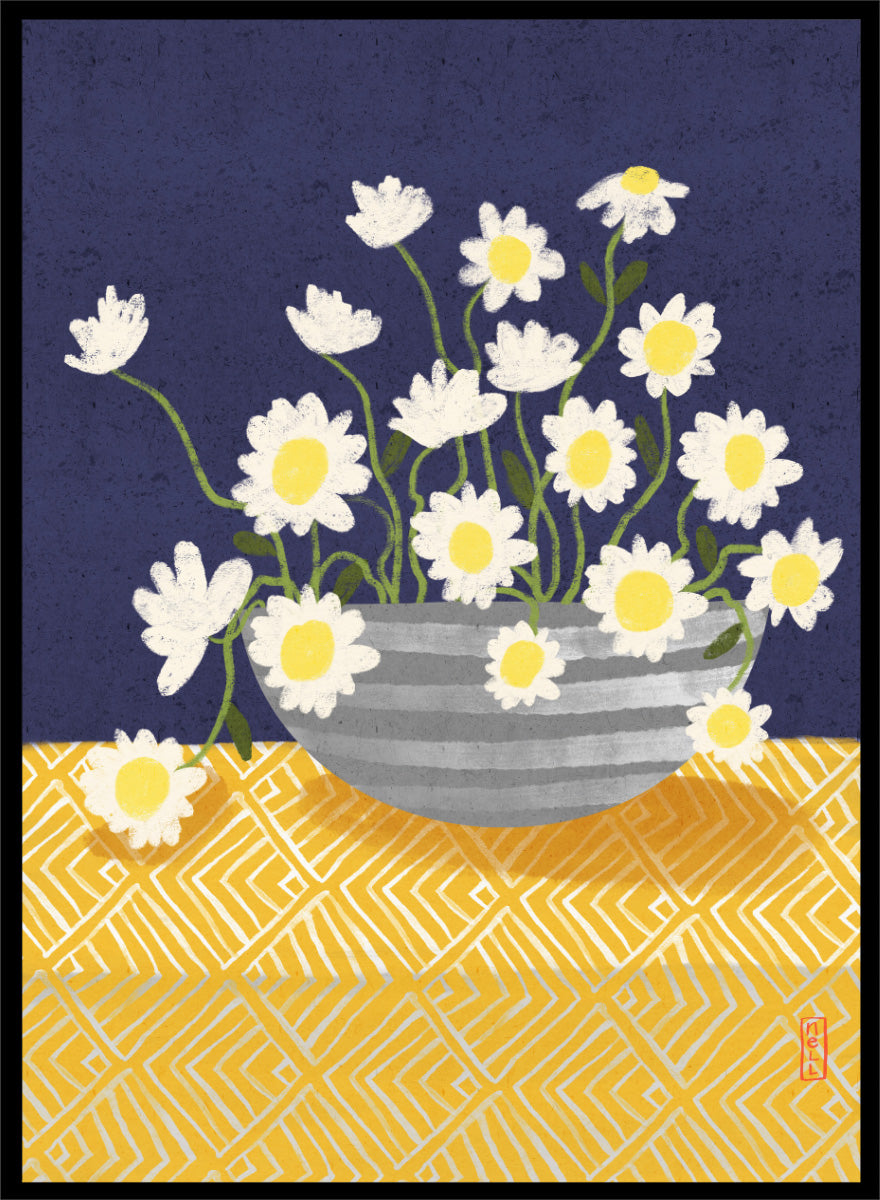 A stylized floral still life artwork showing white daisies with yellow centers in a gray striped bowl, set against a dark navy background and a yellow patterned surface. Shop Cheerful Daisy Arrangement by Dirkie Nell, a colorful floral art print featuring white daisies, a striped vase, navy blue background, and mustard yellow pattern.