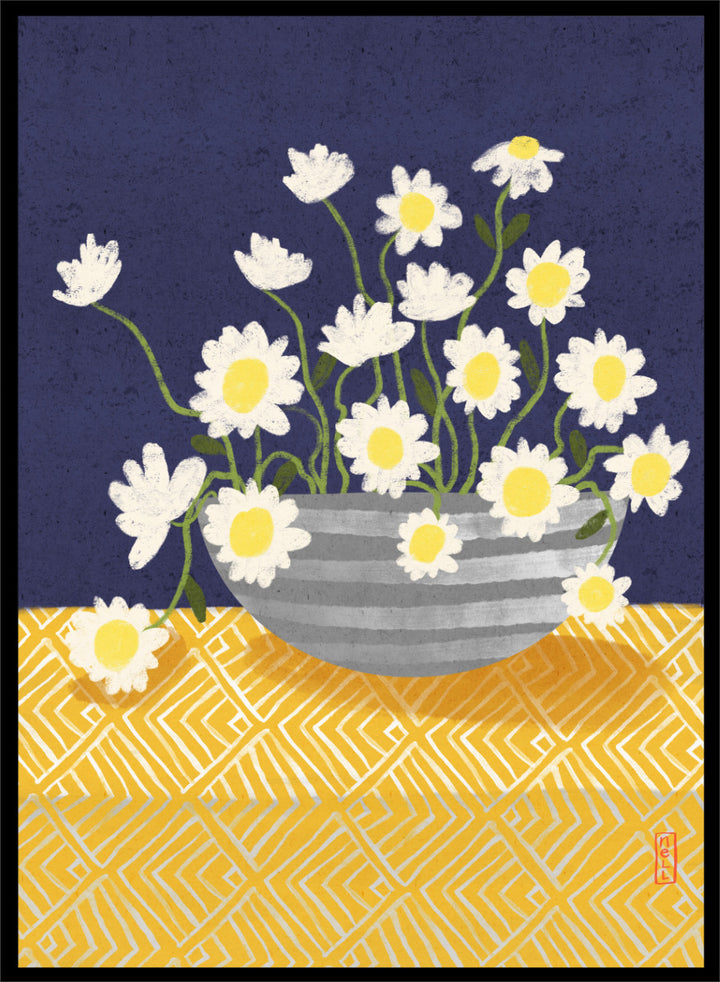 A stylized floral still life artwork showing white daisies with yellow centers in a gray striped bowl, set against a dark navy background and a yellow patterned surface. Shop Cheerful Daisy Arrangement by Dirkie Nell, a colorful floral art print featuring white daisies, a striped vase, navy blue background, and mustard yellow pattern.
