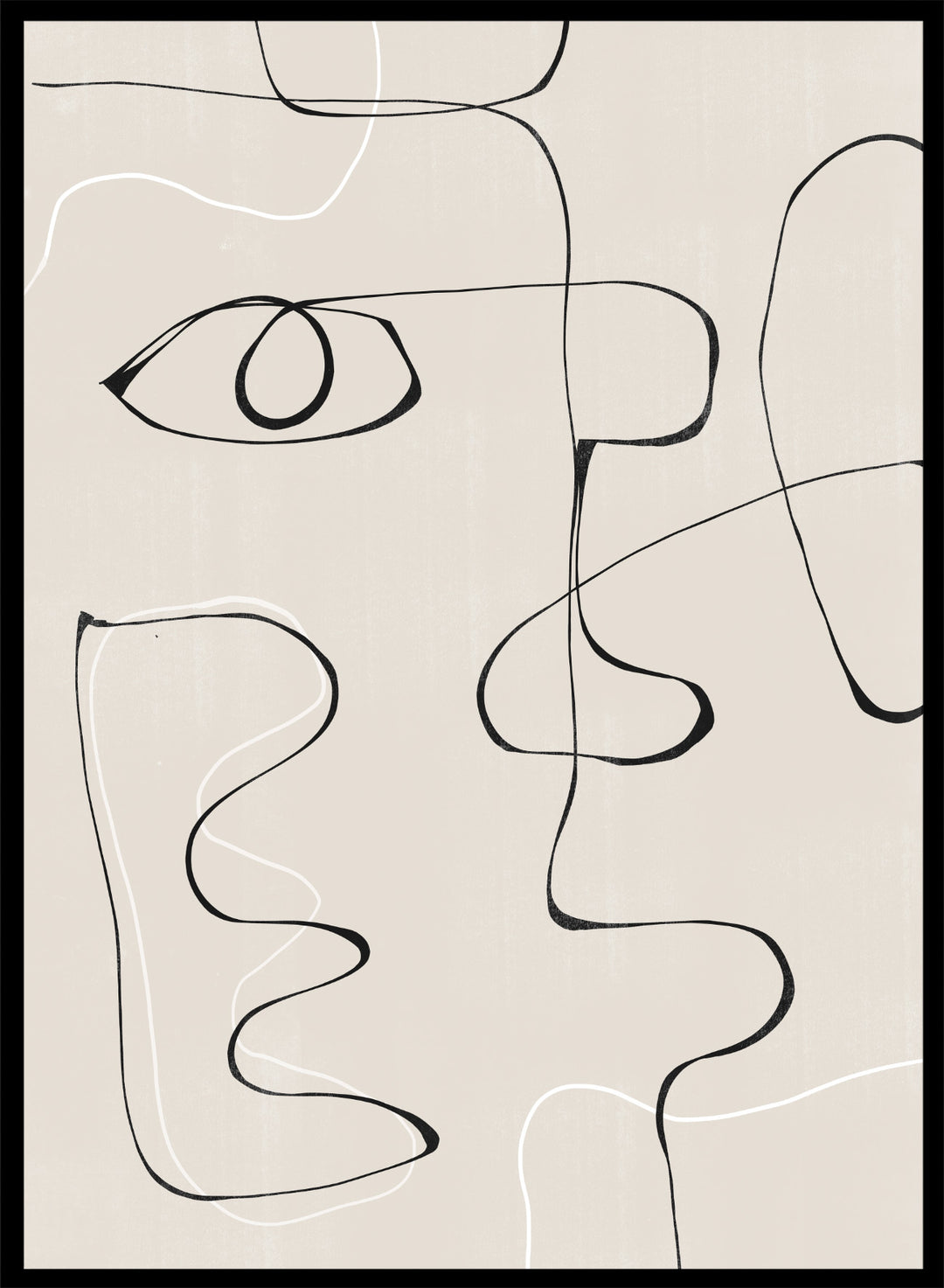 Abstract line art of a face on a beige background. Abstract Facescape by The MIUUS Studio is a minimalist abstract line art print and wall poster featuring continuous line drawing, modern face illustration, and neutral tones.
