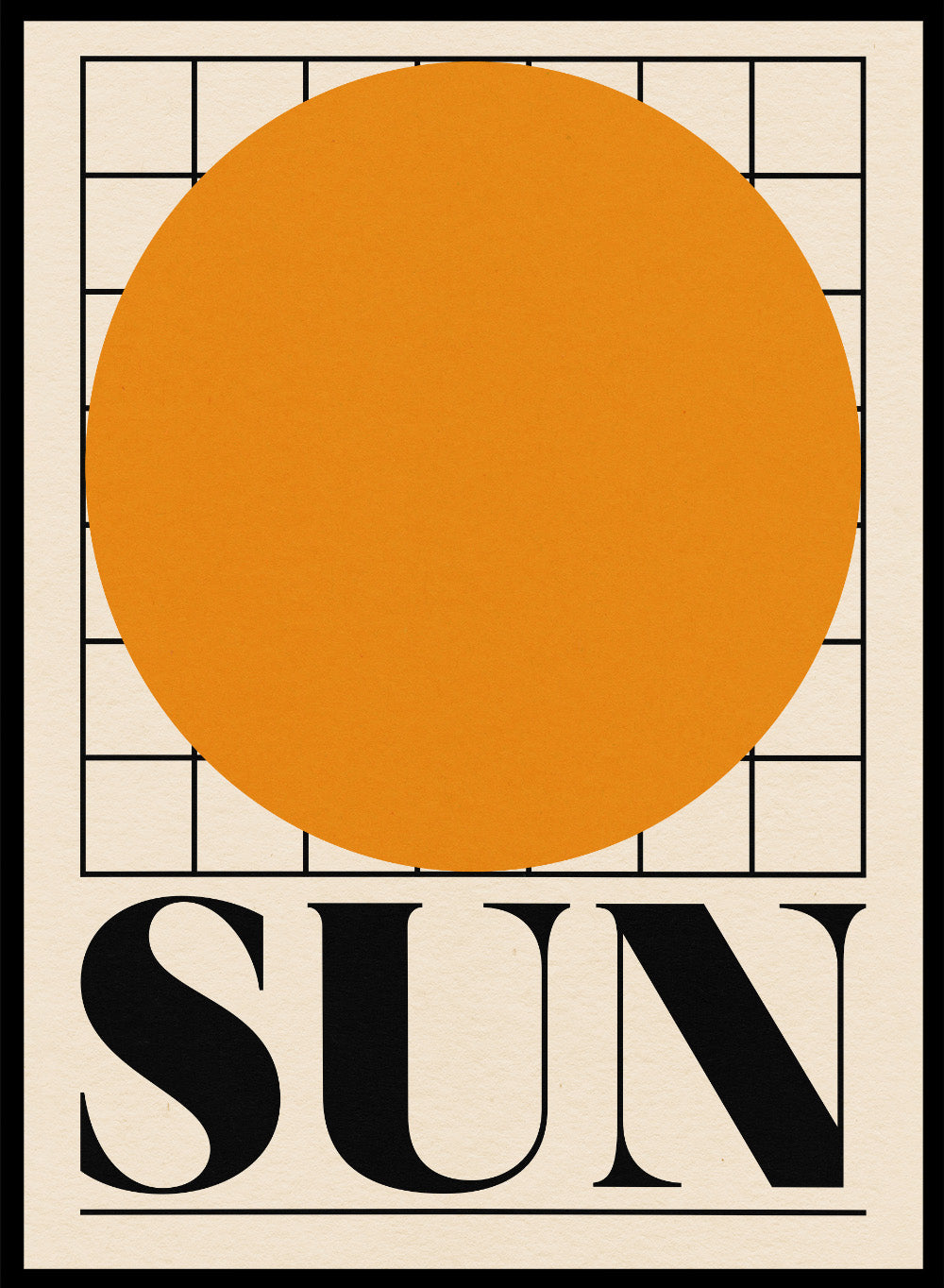 Poster with a large orange circle and the word 'SUN' on a beige background. Sun by Rosi Feist is a bold minimalist Bauhaus-inspired art print featuring an orange circle and graphic grid. Officially licensed modern poster with framing.