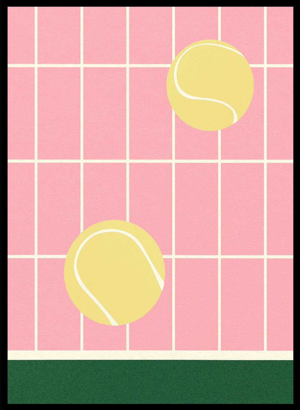 Two yellow tennis balls on a pink grid background with a green stripe at the bottom. Tennis Kitchen by Rosi Feist is a modern minimalist fine art print featuring oversized tennis balls on pink tile. Officially licensed wall poster with optional artisan framing.