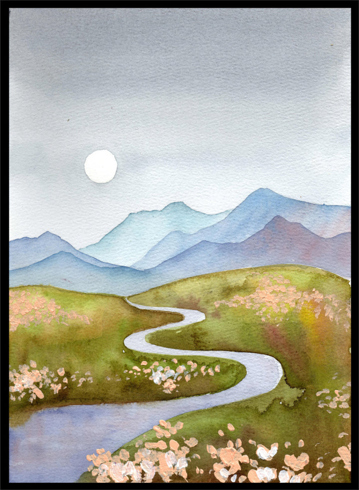 Watercolor landscape painting of a winding river flowing through green hills with pink flowers, blue mountains in the background, and a white sun in a gray sky. Shop Serene Mountain Path by Ekaterina Prisich, a landscape art print featuring a winding valley path, blue mountains, soft flowers, and a white moon.