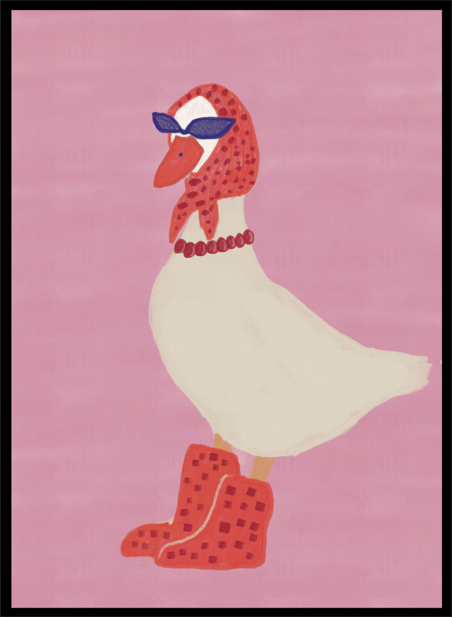 A stylized illustration of a white goose wearing a red patterned headscarf, blue sunglasses, a red beaded necklace, and red checkered boots, set against a solid pink background. Chic Goose Fashion by The Art Concept playful animal art print featuring a goose in sunglasses, a red headscarf, necklace, and bold red boots.