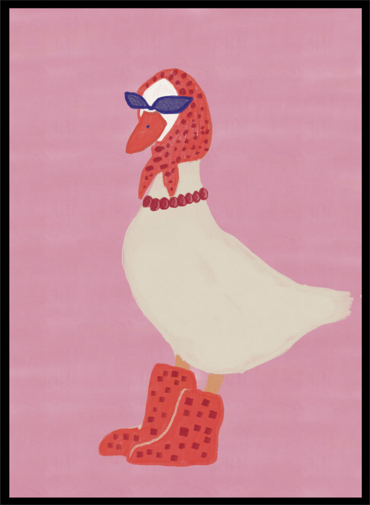 A stylized illustration of a white goose wearing a red patterned headscarf, blue sunglasses, a red beaded necklace, and red checkered boots, set against a solid pink background. Chic Goose Fashion by The Art Concept playful animal art print featuring a goose in sunglasses, a red headscarf, necklace, and bold red boots.
