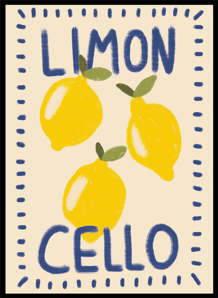 An art print featuring three yellow lemons with green leaves on a cream background, framed by a blue dotted border. The words &