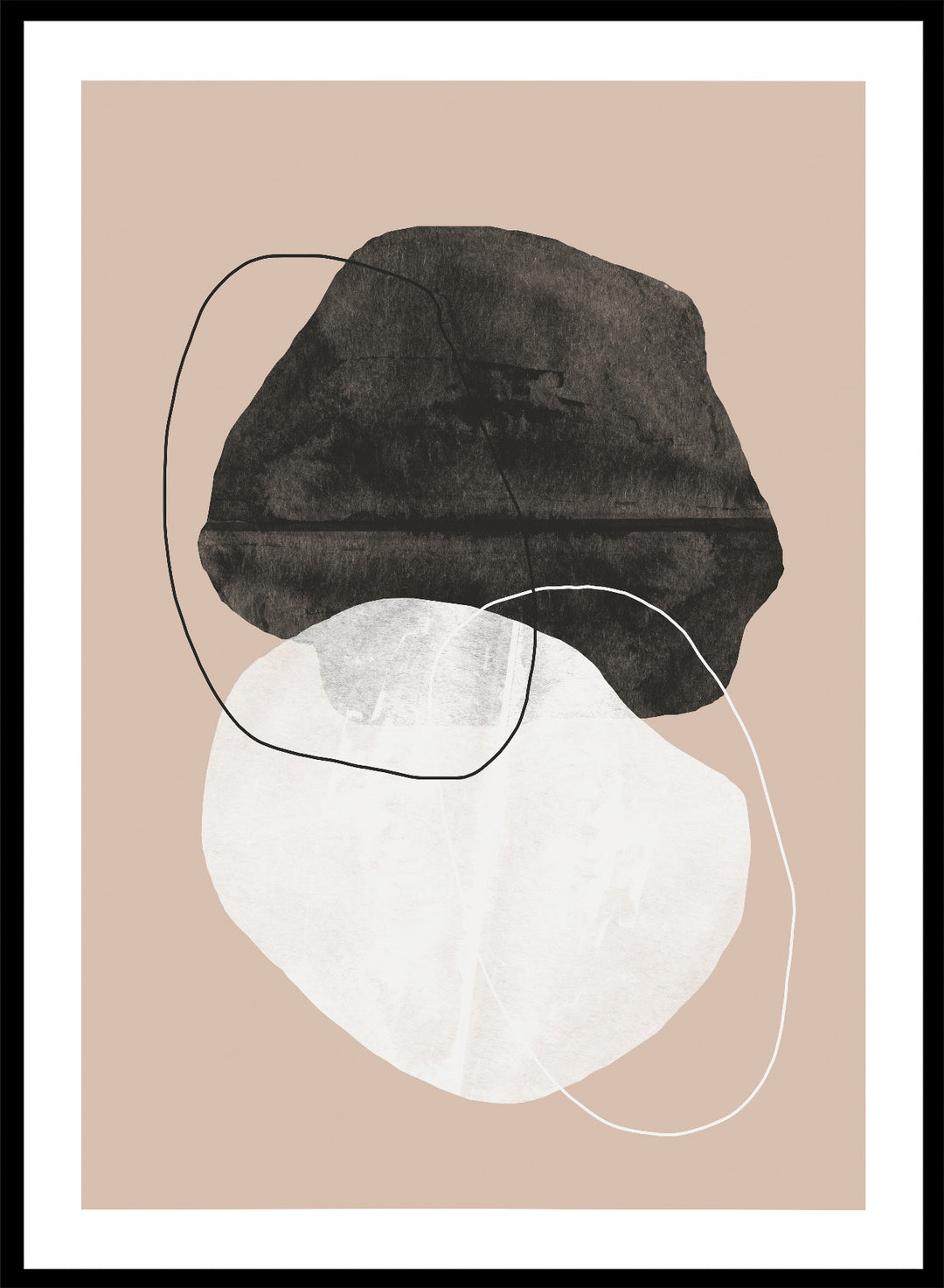 Abstract art piece with a black shape and white circle on a beige background. Earthy Abstractions by The MIUUS Studio is a minimalist abstract art print and wall poster featuring organic shapes, neutral tones, and modern textured design.