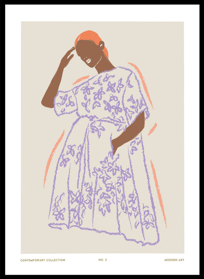 Woman in Purple Floral Dress Wall Art Print | Hand Drawn Contemporary Fashion Illustration, Modern Aesthetic Girl Bold Abstract Poster