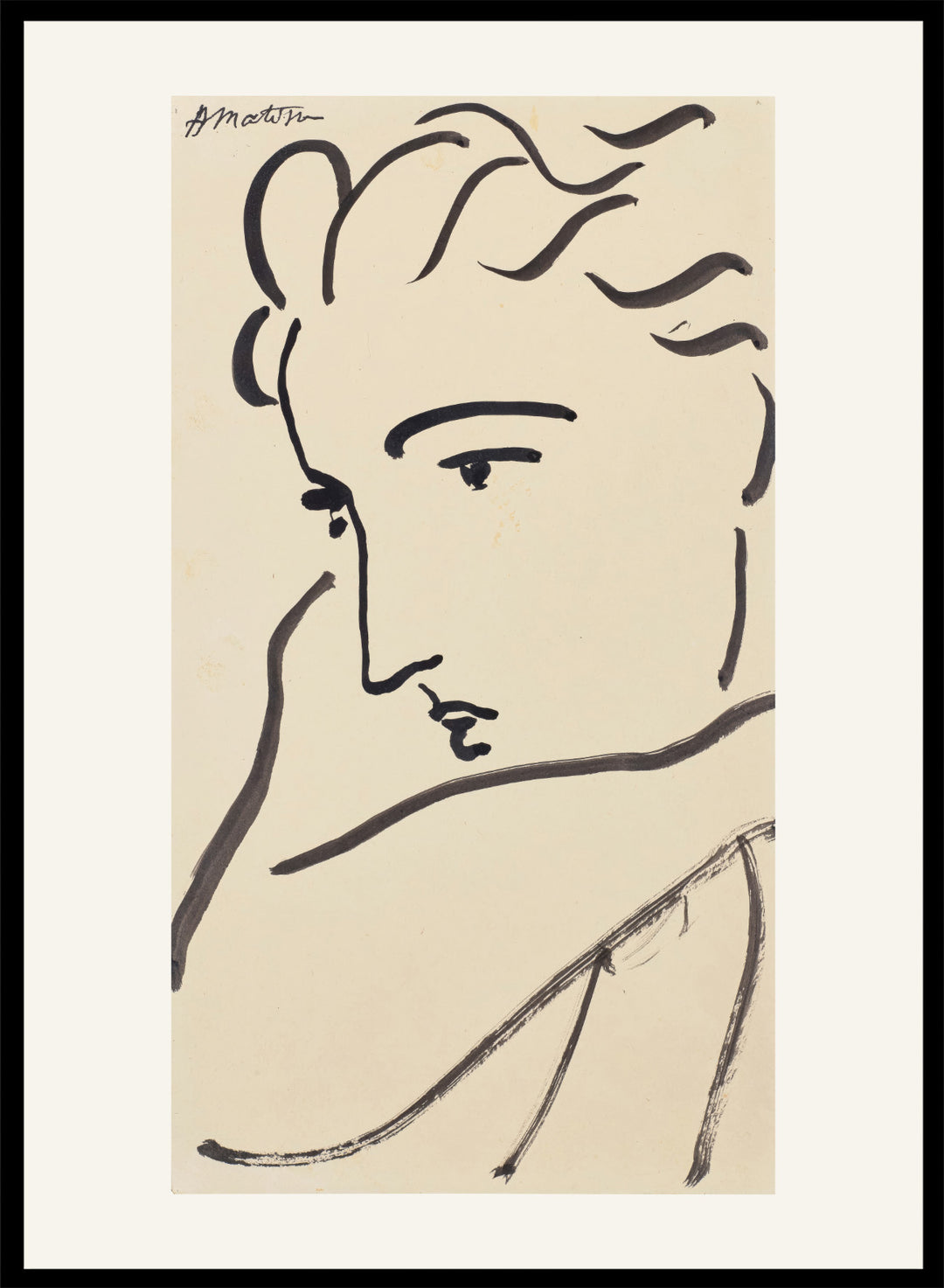 Artistic line drawing of a profiled face on beige paper. Profil de femme by Henri Matisse is a minimalist portrait art print featuring expressive black linework, modern French design, and elegant abstract simplicity.