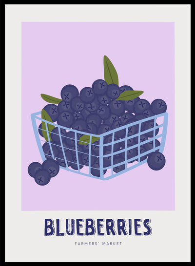 Blueberry Basket Wall Art Print | Hand Drawn Contemporary Fruit Illustration, Modern Aesthetic Kitchen Poster, Summer Farmers Market 