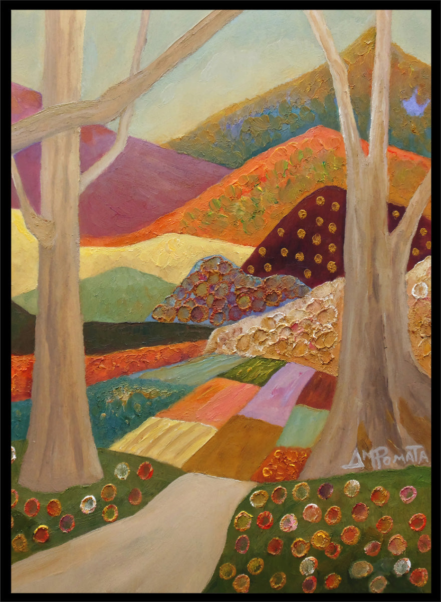 A colorful landscape painting featuring stylized trees, a winding path, patchwork fields, and rolling hills in warm and cool tones, with a visible artist signature in the lower right. Shop Colorful Field Path by Angeles M. Pomata, an autumn landscape art print featuring a winding path, textured fields, flowers, and rolling countryside.