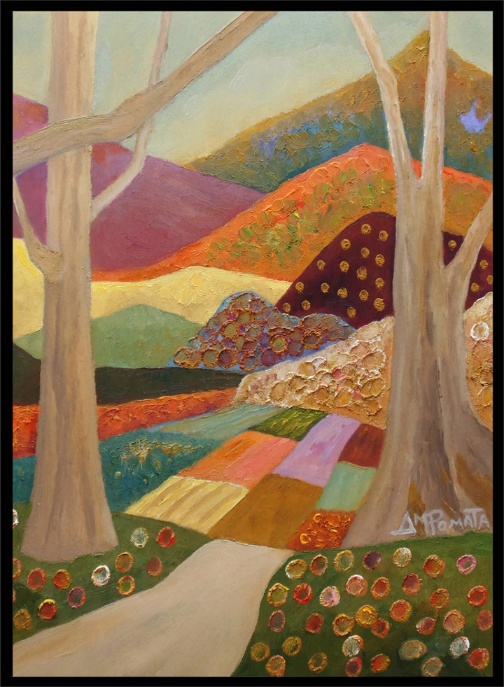 A colorful landscape painting featuring stylized trees, a winding path, patchwork fields, and rolling hills in warm and cool tones, with a visible artist signature in the lower right. Shop Colorful Field Path by Angeles M. Pomata, an autumn landscape art print featuring a winding path, textured fields, flowers, and rolling countryside.