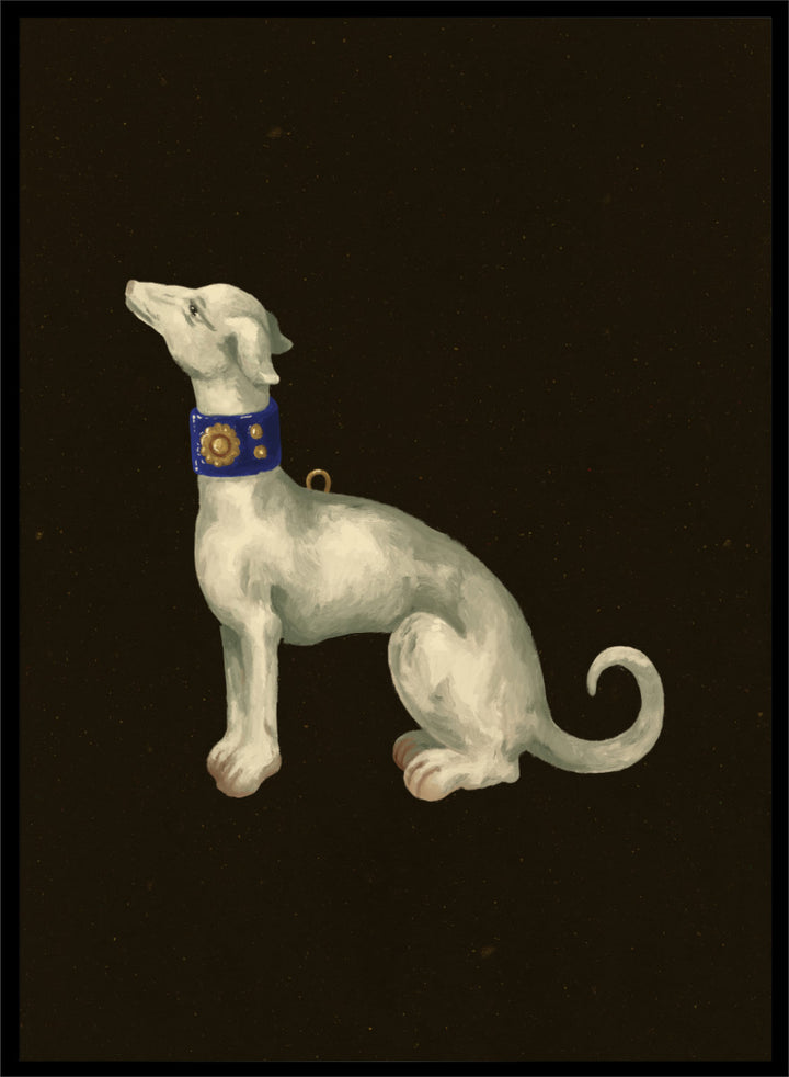 Shop Elegant White Greyhound by NKTN, a dog wall art print poster featuring a graceful white greyhound with a blue and gold collar on a dark background.