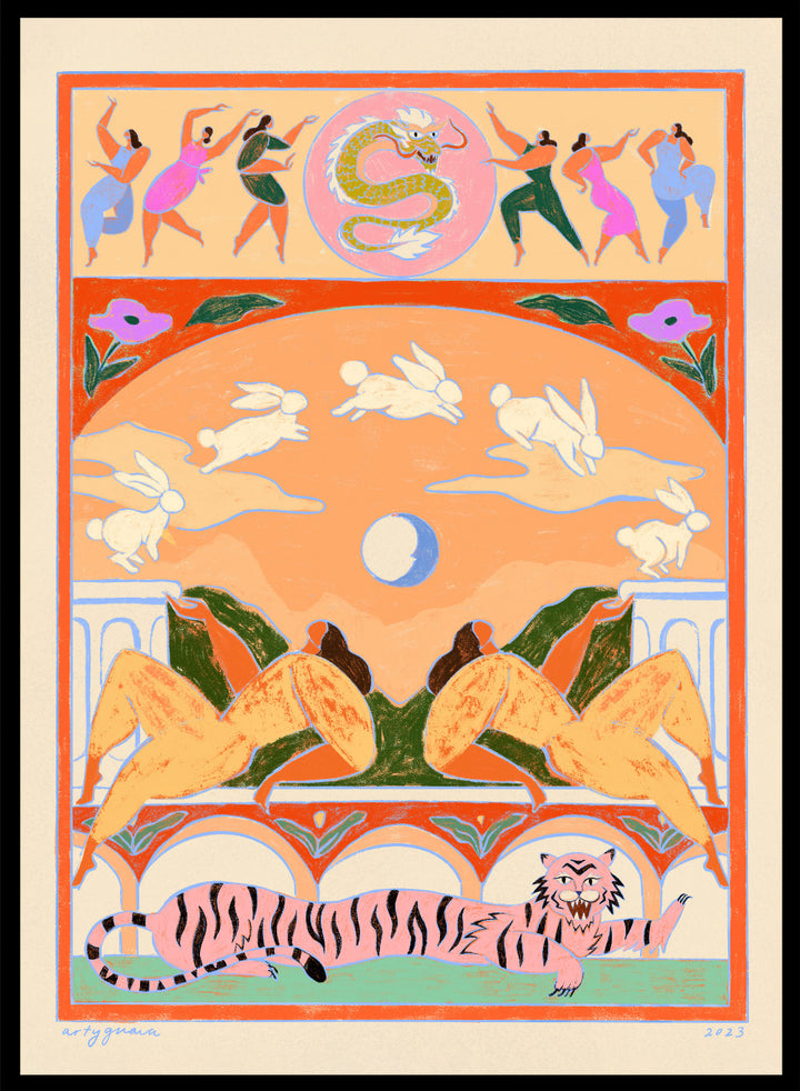 Decorative artwork with animals and people in a stylized setting. Rabbit Jumps Over the Moon by Arty Guava is a surreal art print with rabbits, dancers, and a tiger in bold color. Officially licensed wall poster.