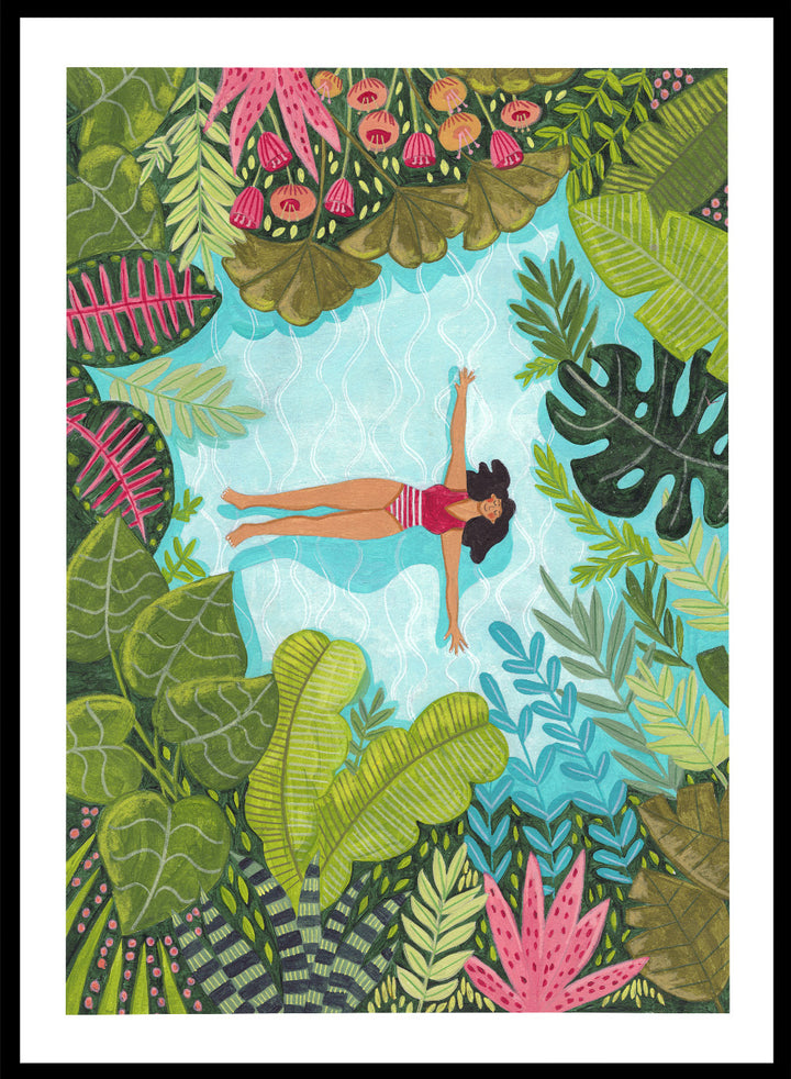 Illustration of a woman swimming in a pool surrounded by tropical plants. Tropical Pool Relaxation by Caroline Bonne Müller is a fine art print and wall poster of a woman floating in a pool surrounded by tropical plants.