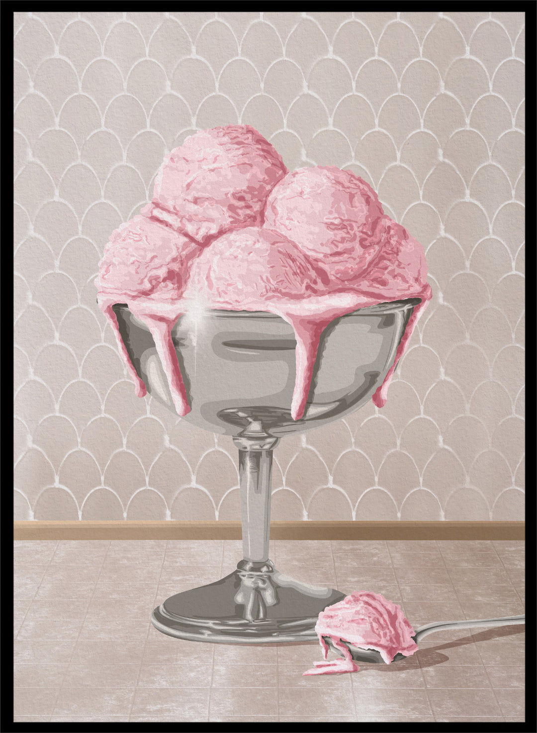 A stylized illustration of pink ice cream scoops in a silver pedestal bowl with dripping pink sauce, set against a pale patterned wall and floor. Sweet Pink Meltdown by Lisa Solomoniuk premium framed fine art print featuring melting pink ice cream in a silver dessert cup.