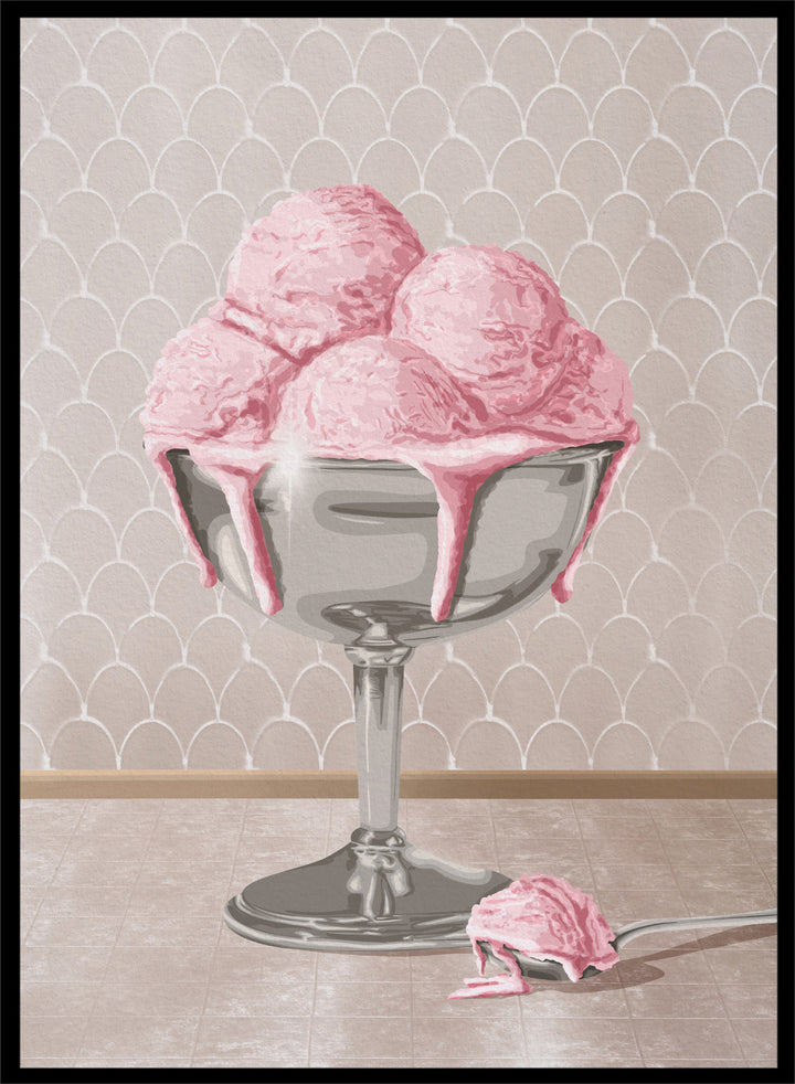 A stylized illustration of pink ice cream scoops in a silver pedestal bowl with dripping pink sauce, set against a pale patterned wall and floor. Sweet Pink Meltdown by Lisa Solomoniuk premium framed fine art print featuring melting pink ice cream in a silver dessert cup.