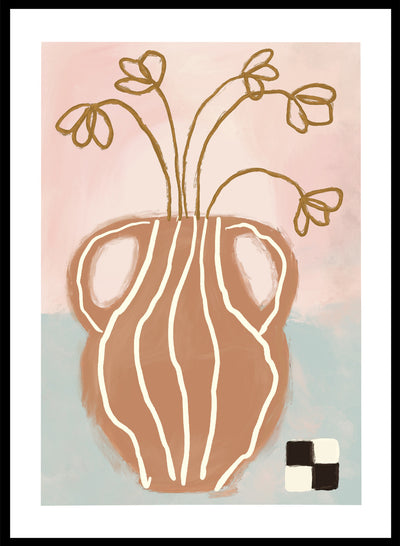 Terracotta Vase with Flowers Wall Art Print | Hand Drawn Botanical Line Illustration, Contemporary Modern Floral Spring Summer Poster