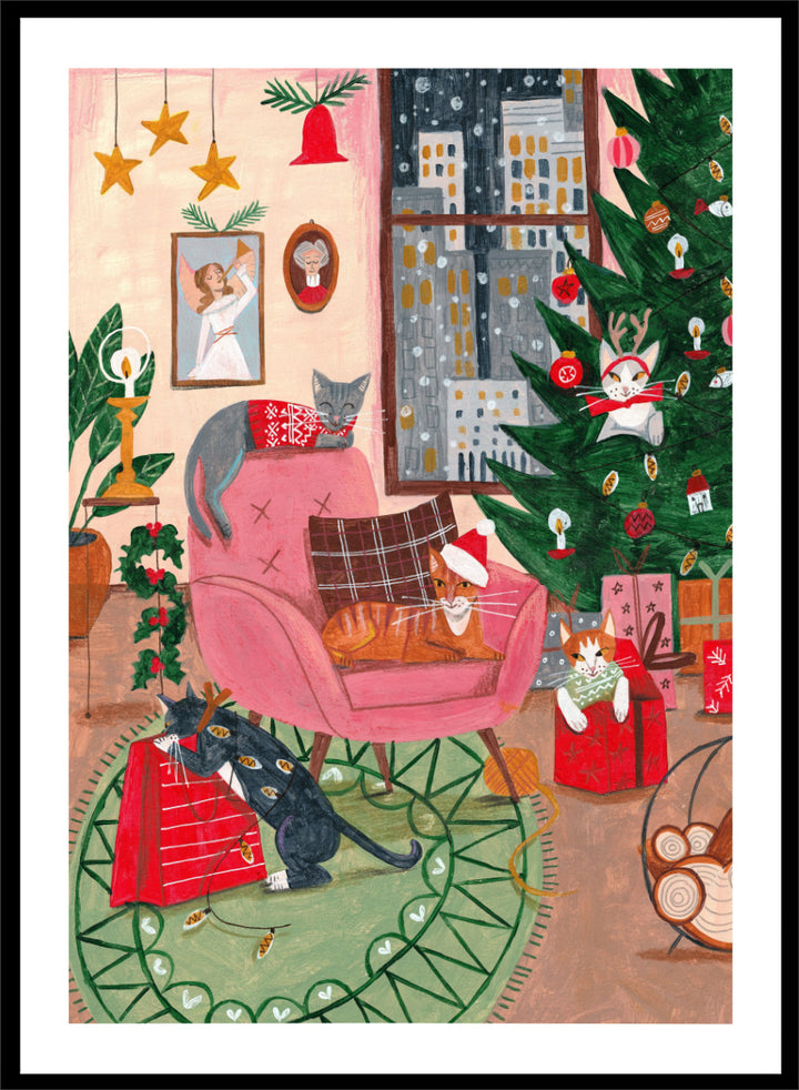 Shop Cats Home for Christmas by Caroline Bonne Müller, a festive cat wall art print poster featuring cats, a Christmas tree, presents, and a colorful holiday interior.
